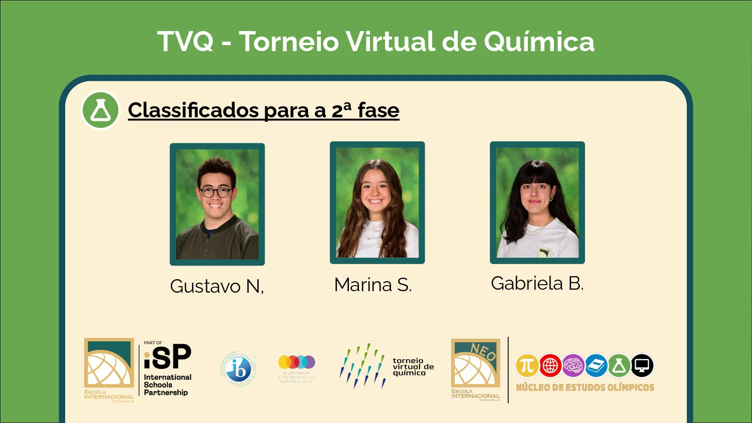 Six students advance to the 2nd phase of the Torneio Virtual de Química (TVQ)